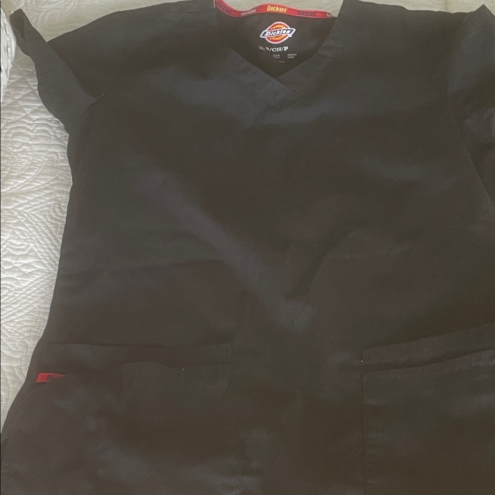 Dickies V-Neck Black Scrub Top and tan Ave scrub pants
